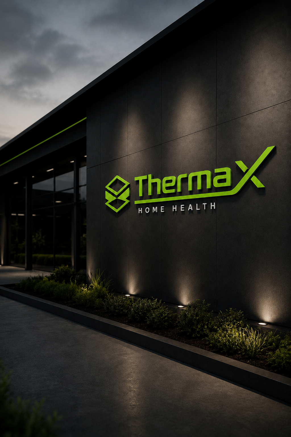 ThermaX Home Health office building with illuminated signage at dusk