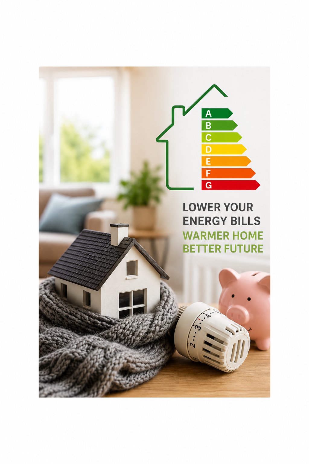 An EPC energy efficiency rating chart from A to G next to a model house wrapped in a scarf