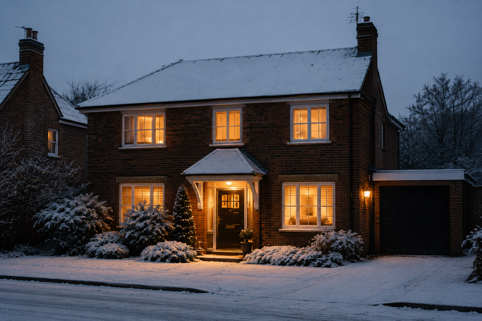 A warmly lit family home glowing against a snowy evening, representing a well-insulated, energy-efficient house