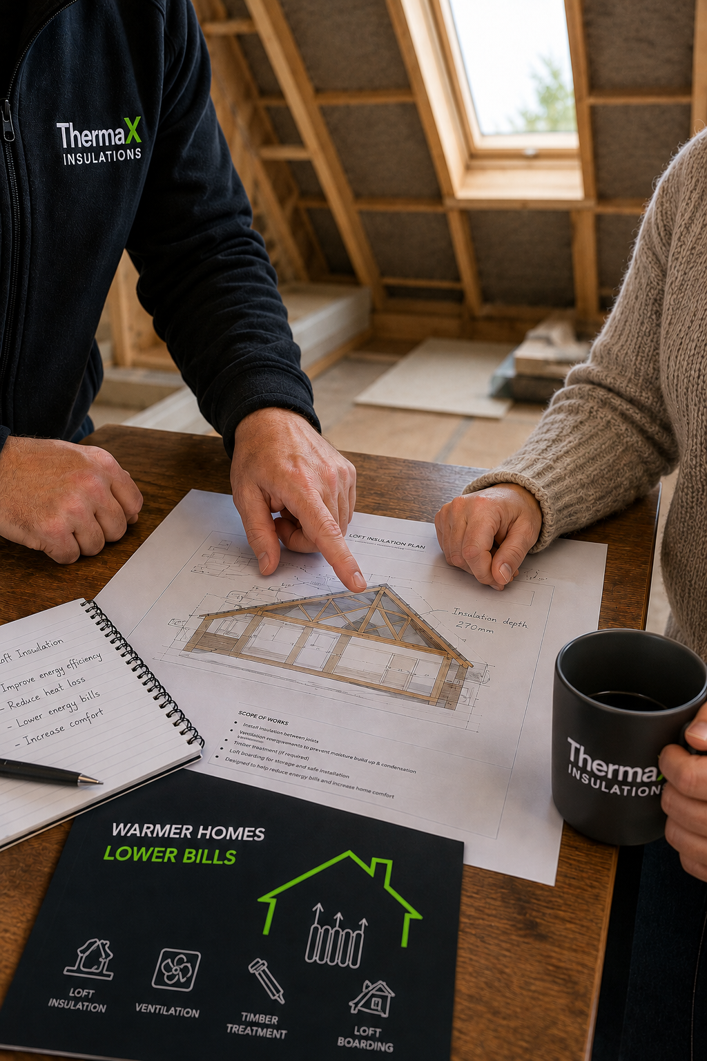 A ThermaX installer discussing a loft insulation plan with a homeowner over drawings