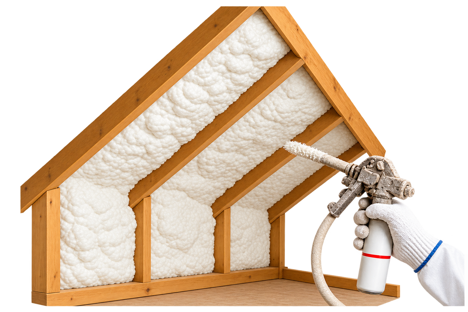Spray foam insulation being applied between roof rafters